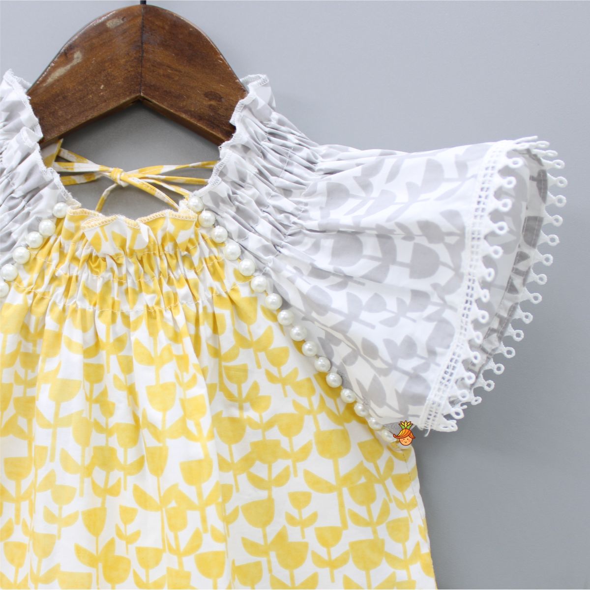 Flat Back Pearls Embellished Yellow And Grey High Neck Dress
