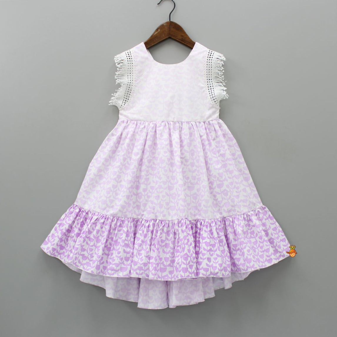 Shaded Lilac Lace Detail Ruffle Hem High Low Dress