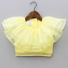 Pre Order: Organza Triple Layered Flap Pastel Yellow Top And Zari Embroidered Lehenga