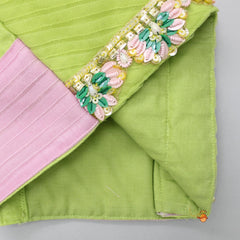 Pre Order: Light Lime Green And Baby Pink Dual Tone Pleated Top And Ruffle Lehenga With Knot Detail Dupatta