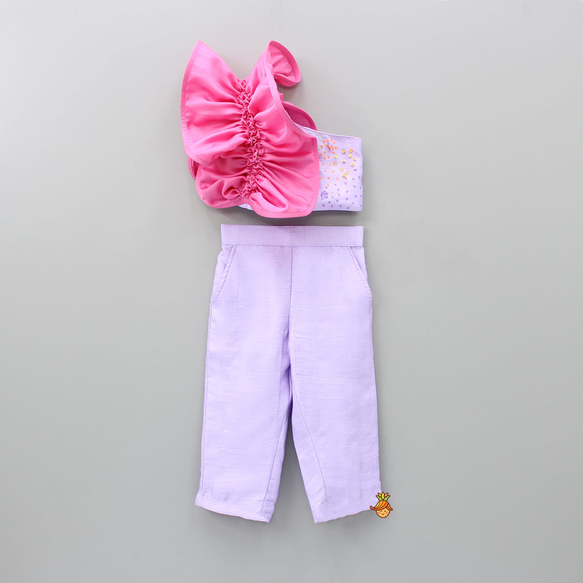 Pre Order: Ruffle Enhanced Sequined Lavender Crop Top And Pocket Detail Pant