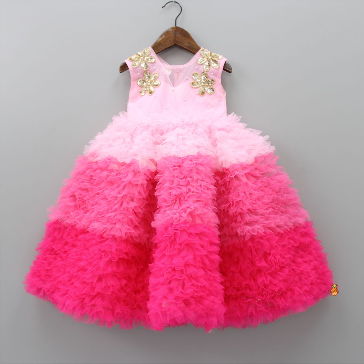 Pre Order Shaded Pink Pleated Yoke Frilly Gown With Floral Hair Clip  Little  Muffet
