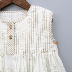 Pin Tuck Detail Yoke Hand Block Bird Printed Off White Dress