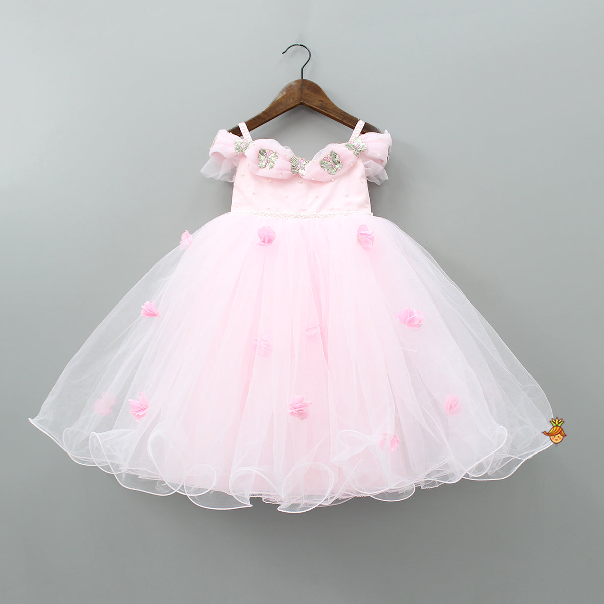 Pre Order: Butterfly And Pearls Enhanced Yoke Floral Baby Pink Gown With Detachable Drape Bow