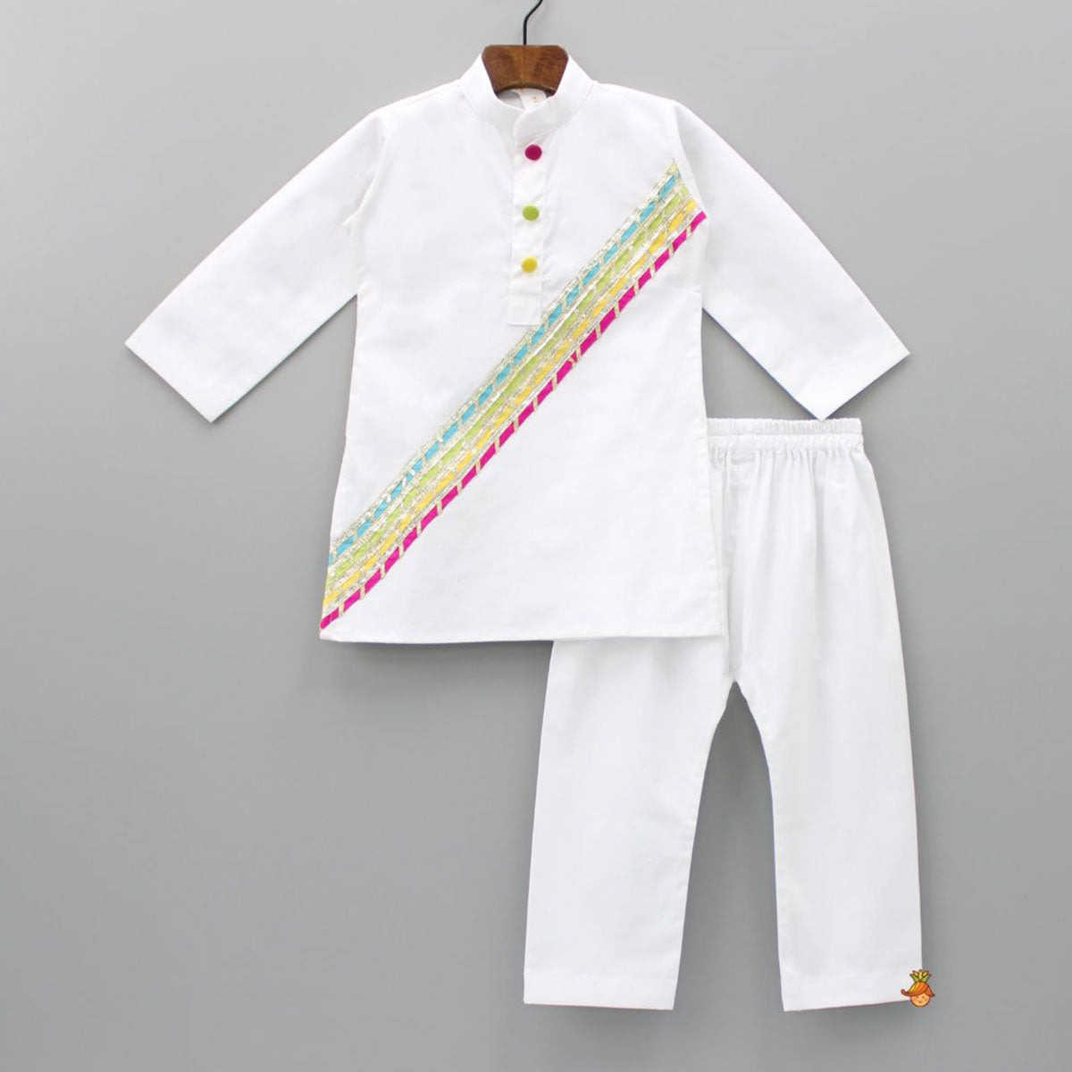 Colourful Buttons Adorned White Kurta And Pyjama