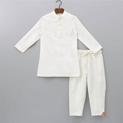 Ethnic Kurta With Contrasting Pocket Square Vibrant Yellow Jacket And Off White Pyjama