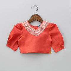 Embroidered V Neck Rust Orange Top And Bandhani Printed Lehenga With Sling Bag