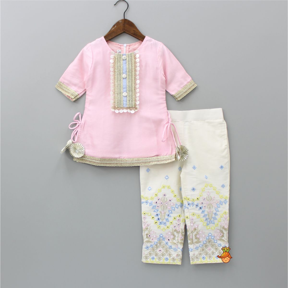 Pre Order: Baby Pink Side Knot Detail Top And Faux Mirror Work Pant