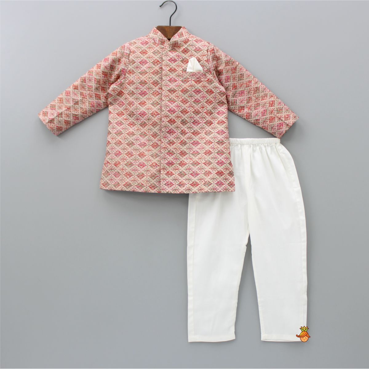 Pre Order: Peach Embroidered Sherwani With Off White Pyjama