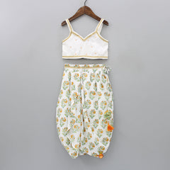 White Cotton Crop Top With Hand Block Floral Printed Cape And Dhoti Style Skirt