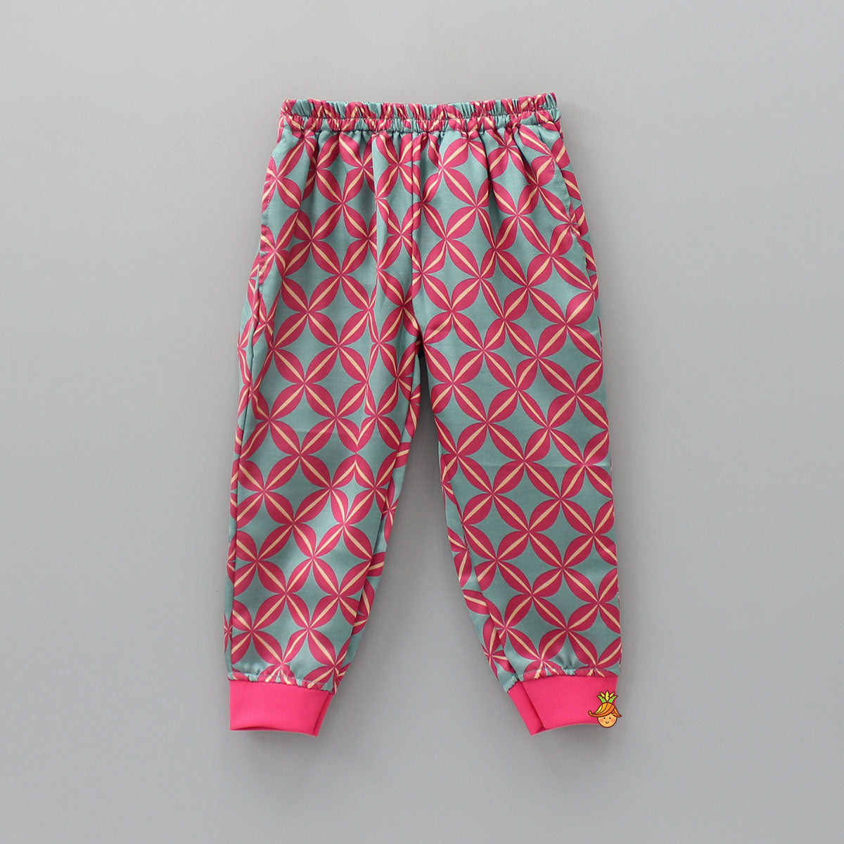 Spiral Embroidered Printed Sage Green And Crimson Red Top With Joggers Style Pant