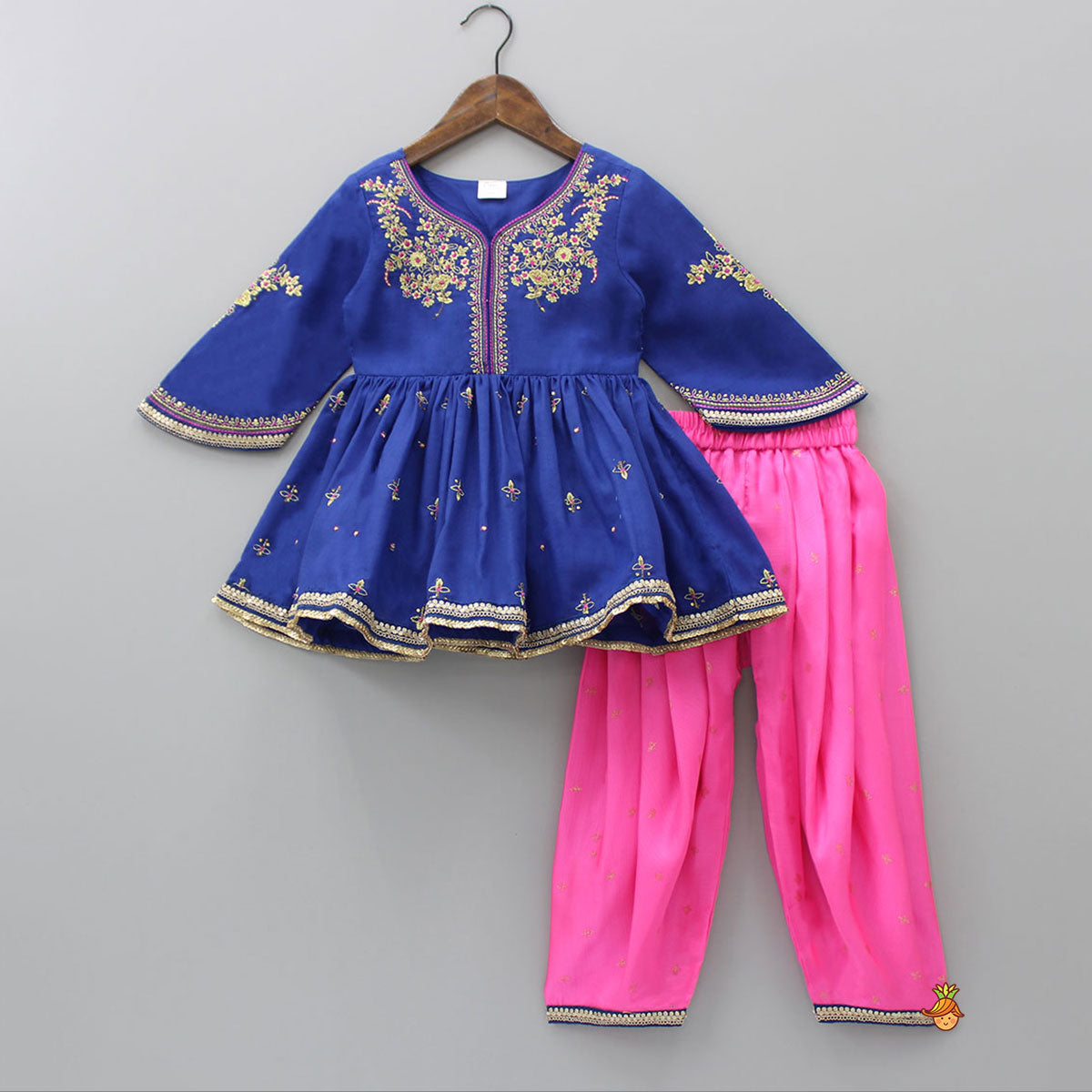 Stylish Sleeves Embroidered Blue Peplum Kurti And Fluorescent Pink Pleated Patiala