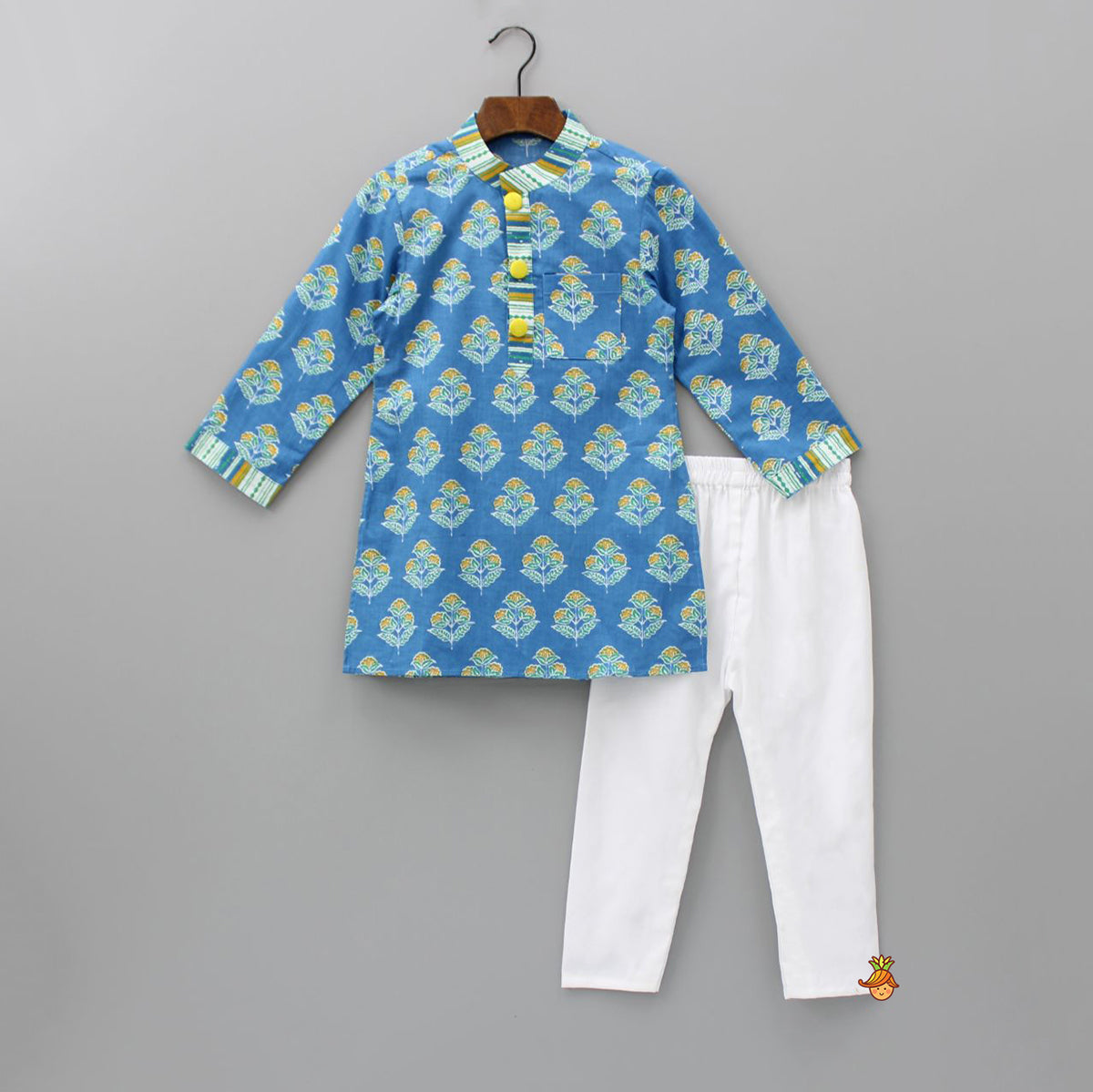 Pre Order: Pure Cotton Patch Pocket Detail Ink Blue Kurta And White Pyjama
