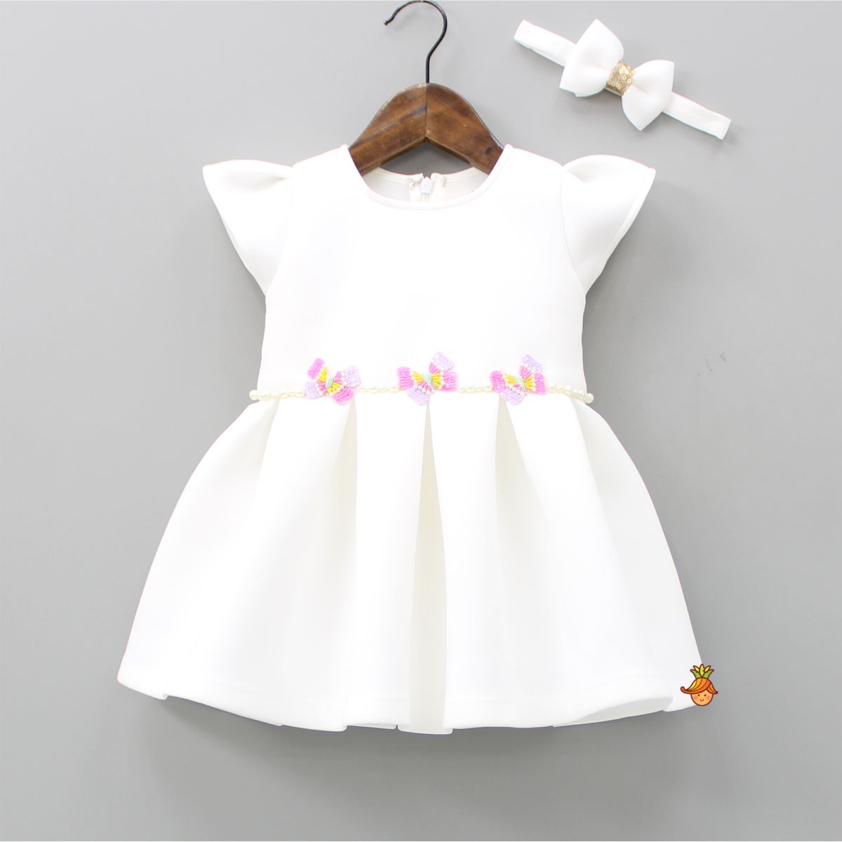 Pre Order: Fancy White Butterfly Embroidered Scuba Dress With Matching Bow Headband