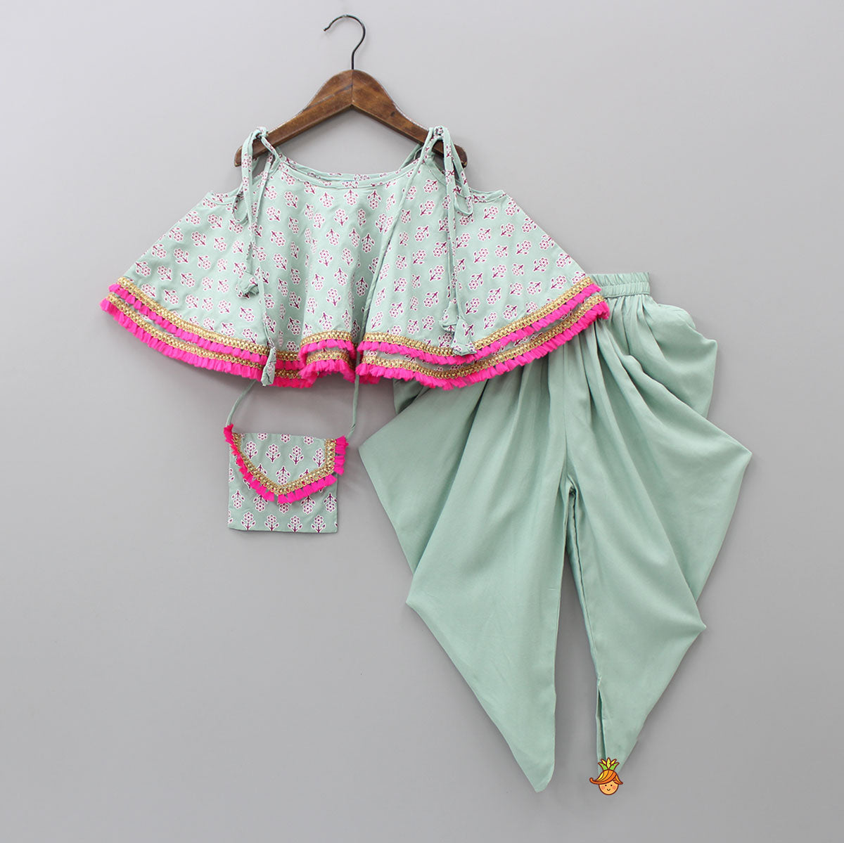 Green Fringes Lace Detail Flared Top And Pleated Dhoti With Matching Sling Bag