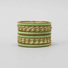 Pastel Green Thread Work Velvet Bangles - Set Of 18