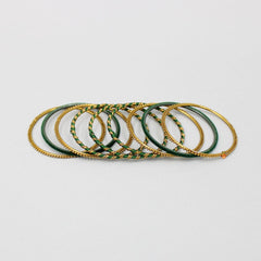 Green Thread Work Velvet Bangles - Set Of 18