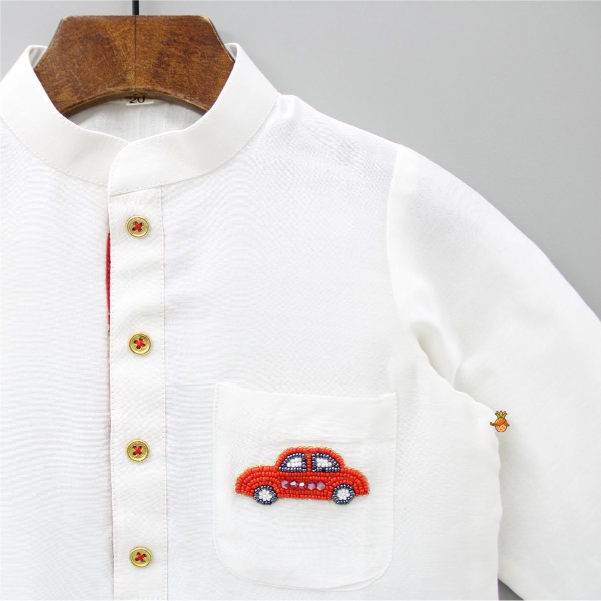Car Embroidered Patch Pocket Detail White Kurta