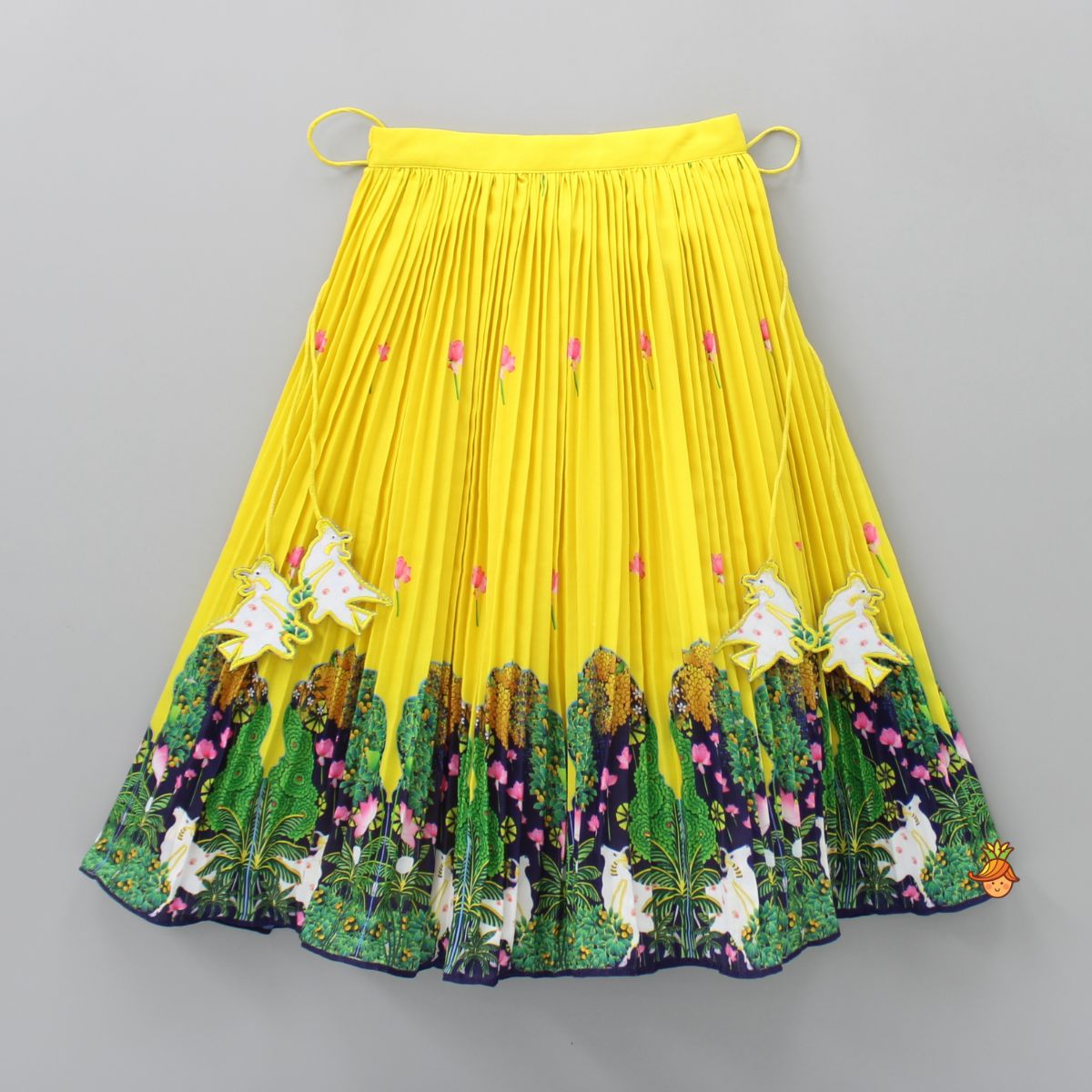 Floral Sequined Yellow Top And Cow Tassels Enhanced Pleated Lehenga With Dupatta