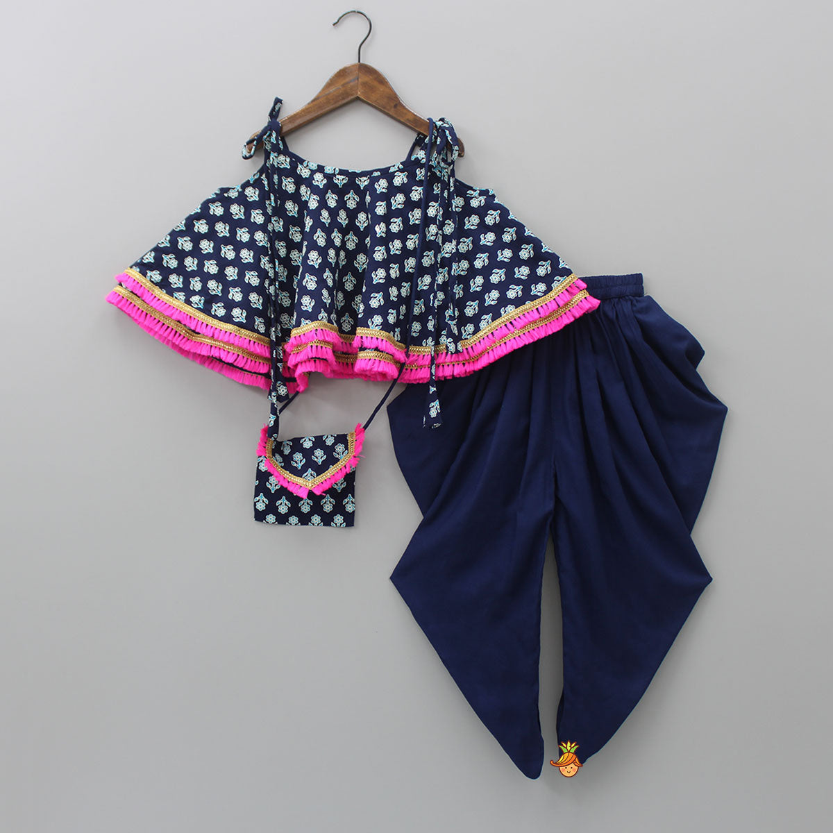 Navy Blue Floral Printed Lace Work Top And Dhoti With Matching Sling Bag