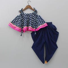 Navy Blue Floral Printed Lace Work Top And Dhoti With Matching Sling Bag