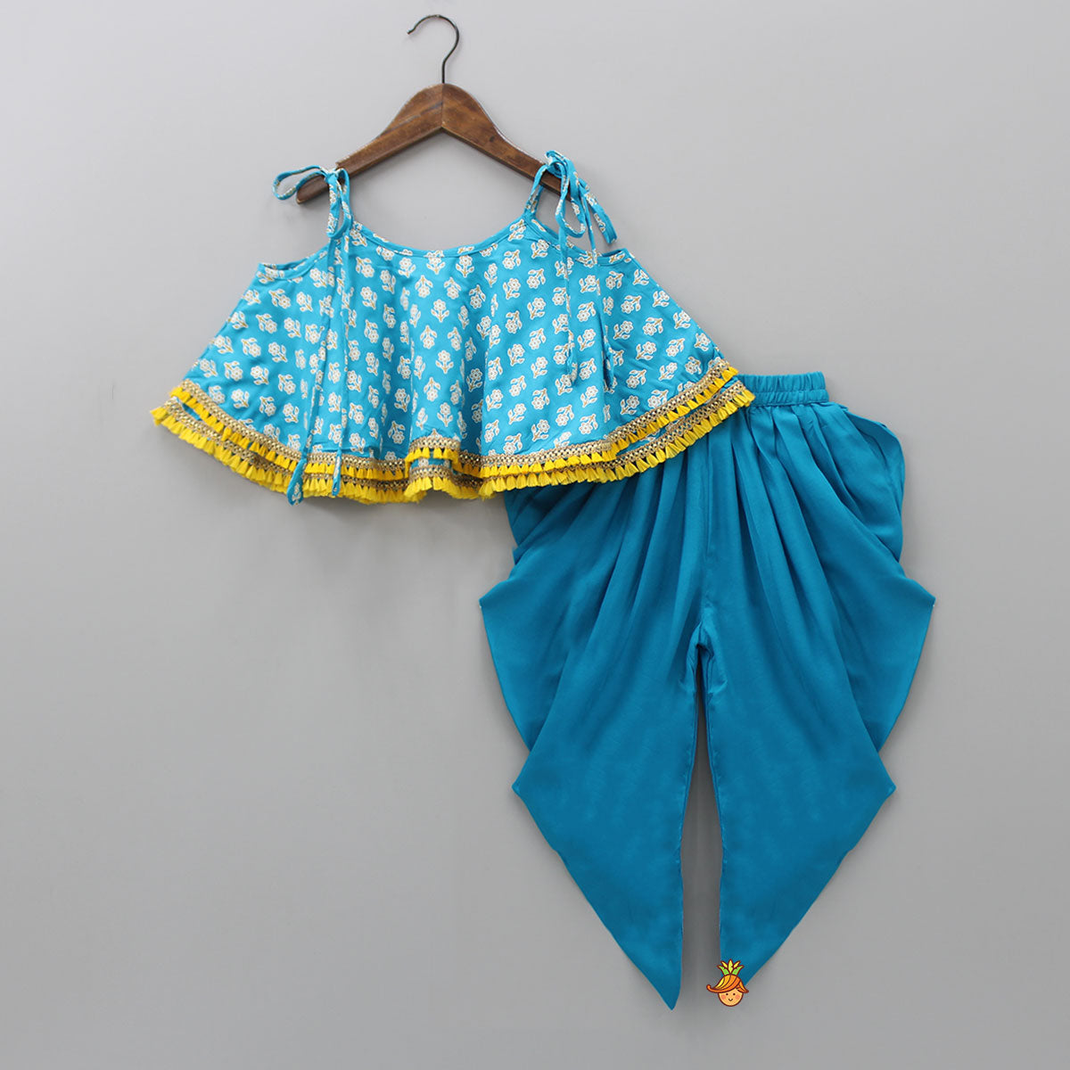 Blue Floral Printed Lace Work Top And Dhoti With Matching Sling Bag