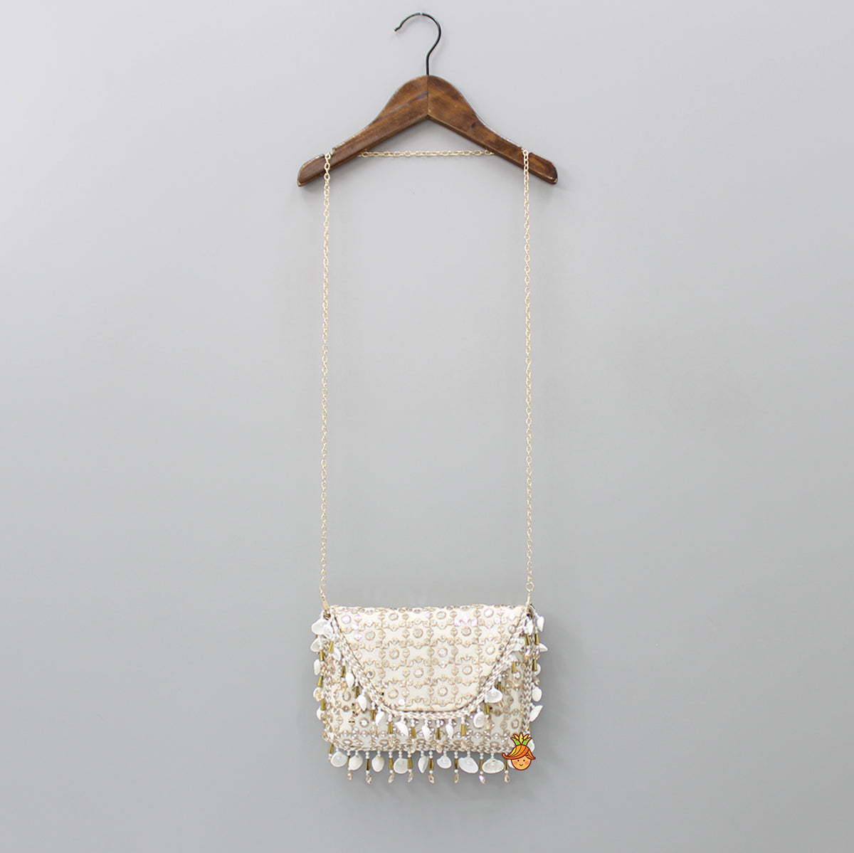 Sequins And Faux Mirror Embroidery Off White Chain Sling Bag