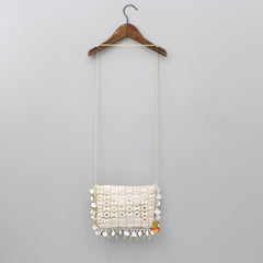 Sequins And Faux Mirror Embroidery Off White Chain Sling Bag