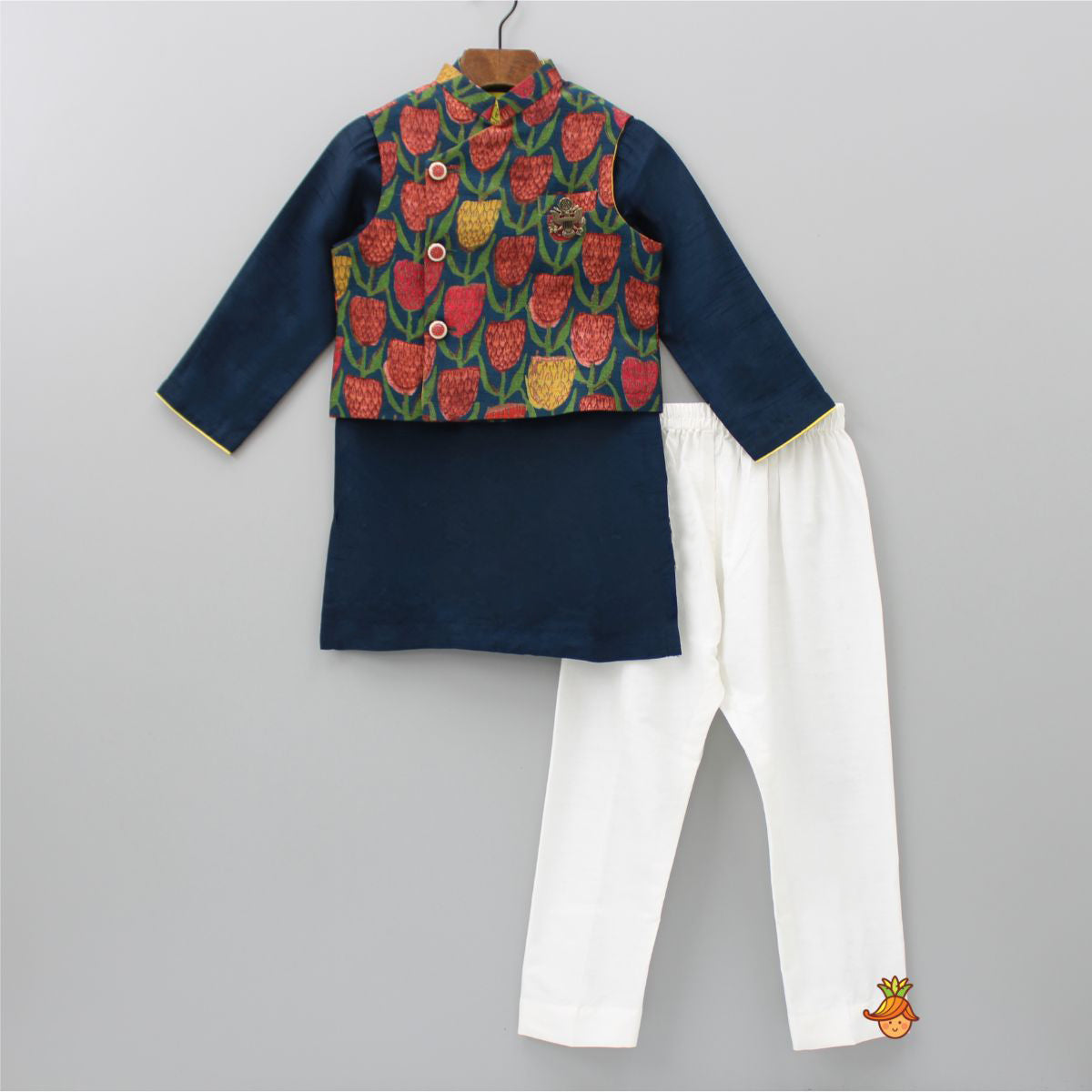 Pre Order: Dark Teal Blue Embroidered Placket Kurta With Brooch Enhanced Jacket And Pyjama