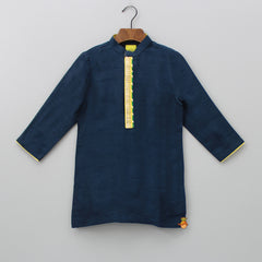 Pre Order: Dark Teal Blue Embroidered Placket Kurta With Brooch Enhanced Jacket And Pyjama