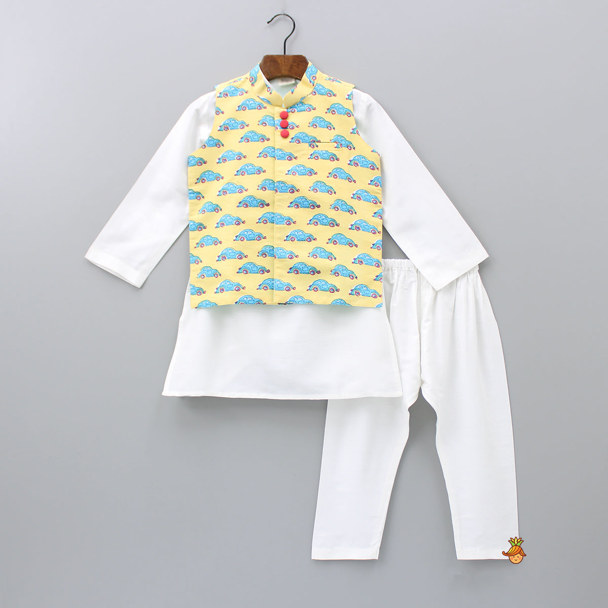 Pre Order: White Ethnic Kurta With Car Printed Yellow Jacket And Pyjama