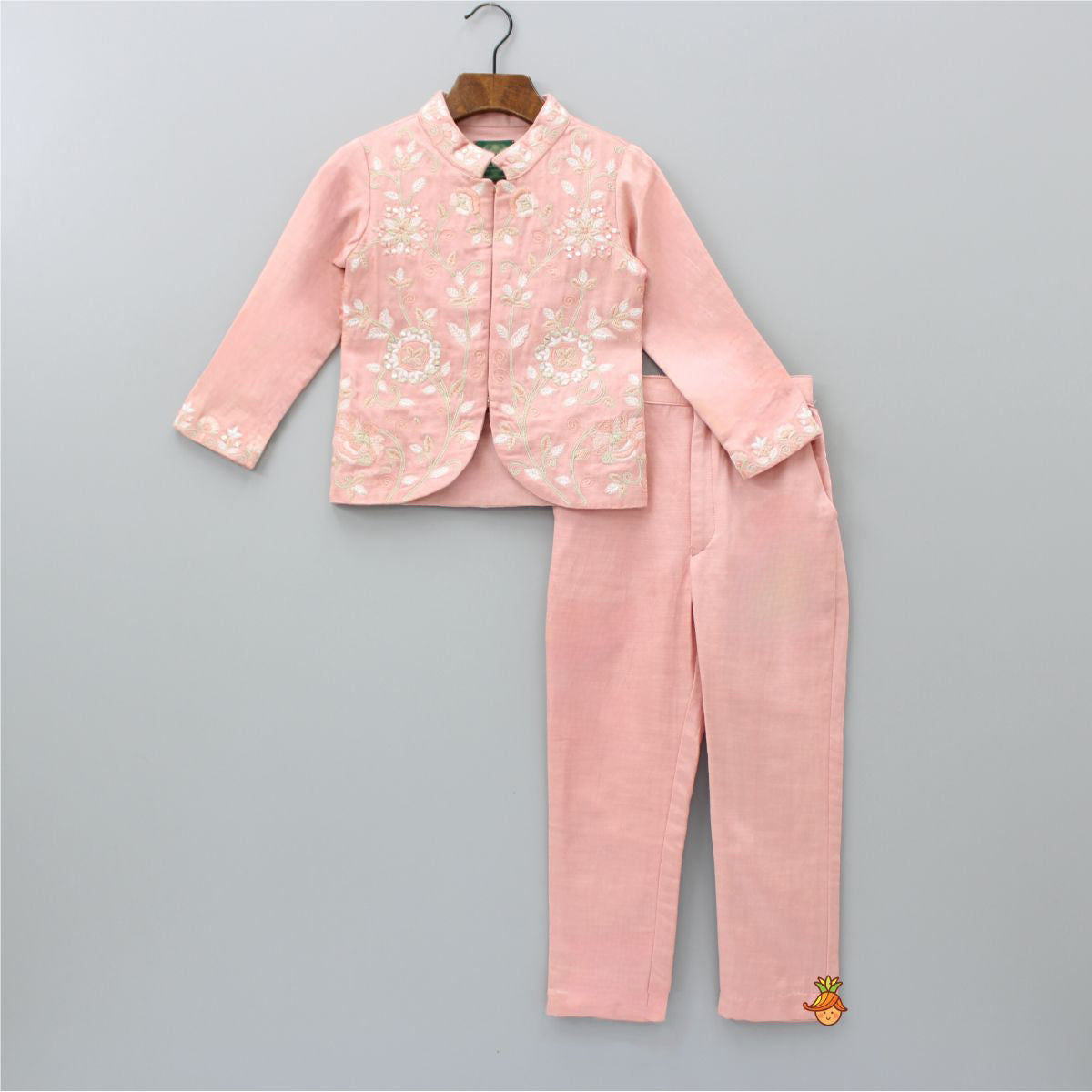 Pre Order: Peach Faux Mirror Work Front Open Sherwani With Pockets Detail Pant