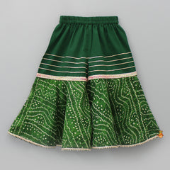 Pre Order: Elegant Green V Neck Bandhani Printed Top And Sharara With Yellow Net Dupatta