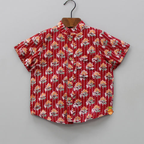 Pre Order: Floral Printed Patch Pocket Detail Red Shirt