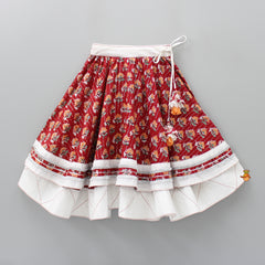 Pre Order: Halter Neck Red Cotton Top And Layered Hem Lehenga With Lurex Striped White Dupatta
