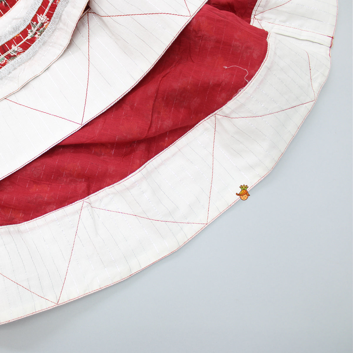 Halter Neck Red Cotton Top And Layered Hem Lehenga With Lurex Striped White Dupatta