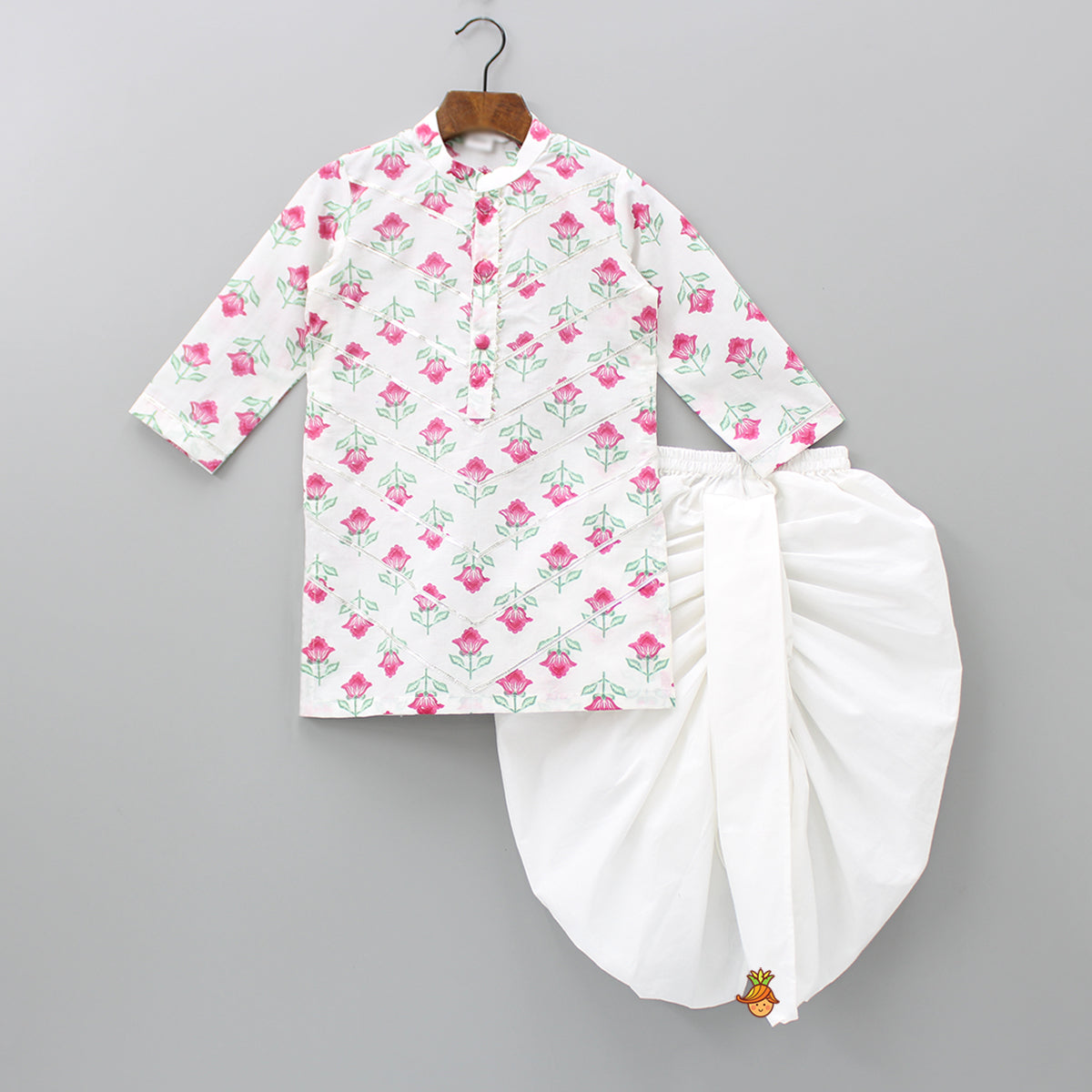 Pre Order: Adorable Floral Printed Mandarin Collar White Kurta And Dhoti