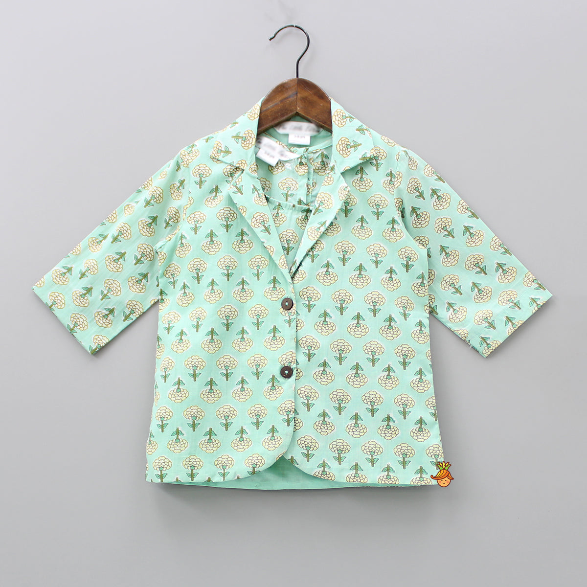 Pre Order: Green Floral Printed Top With Notched Collar Jacket And Pant