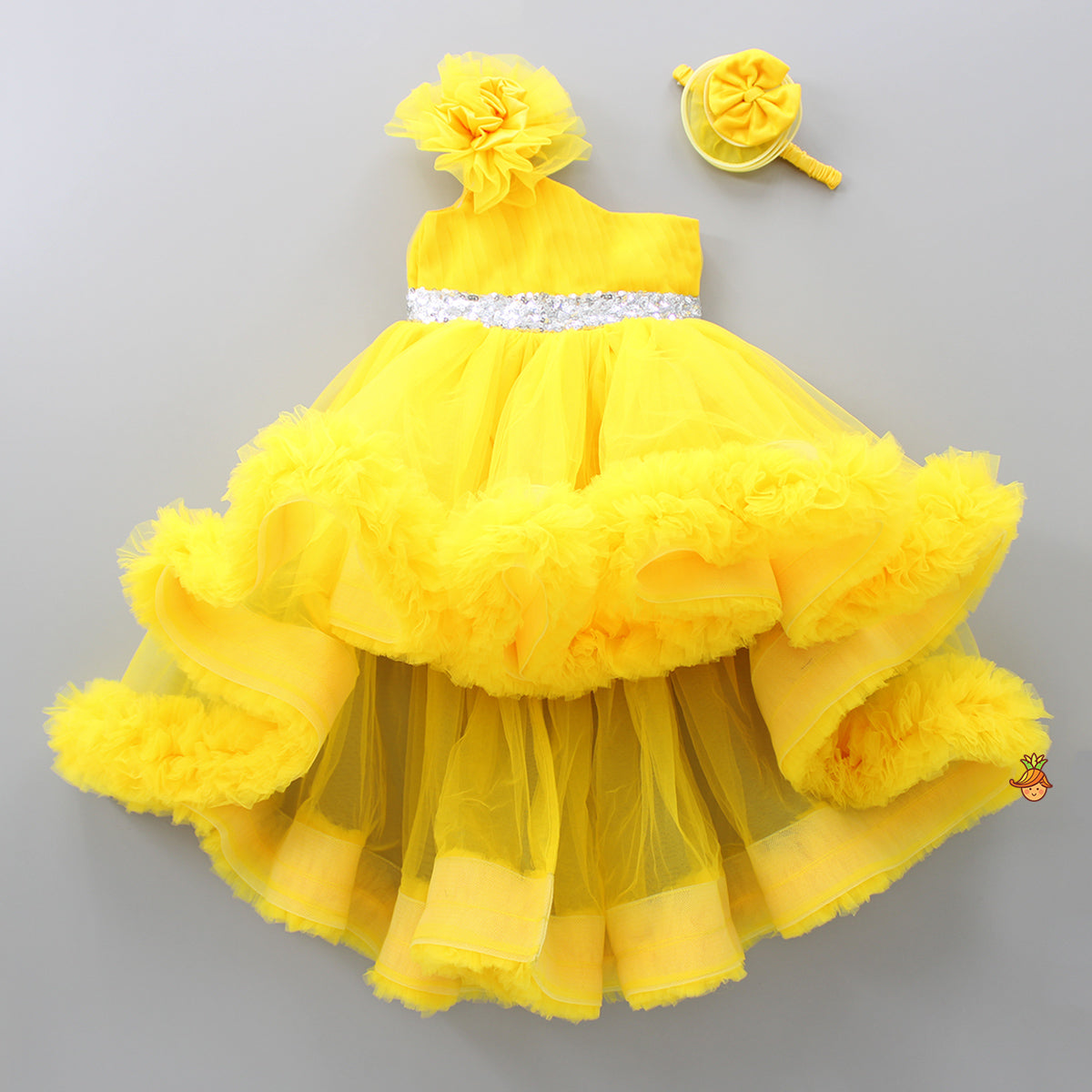 One Shoulder Ruffle Hem High Low Yellow Dress With Matching Head Band