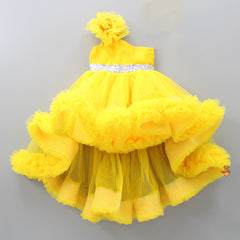 Pre Order: One Shoulder Ruffle Hem High Low Yellow Dress With Matching Head Band