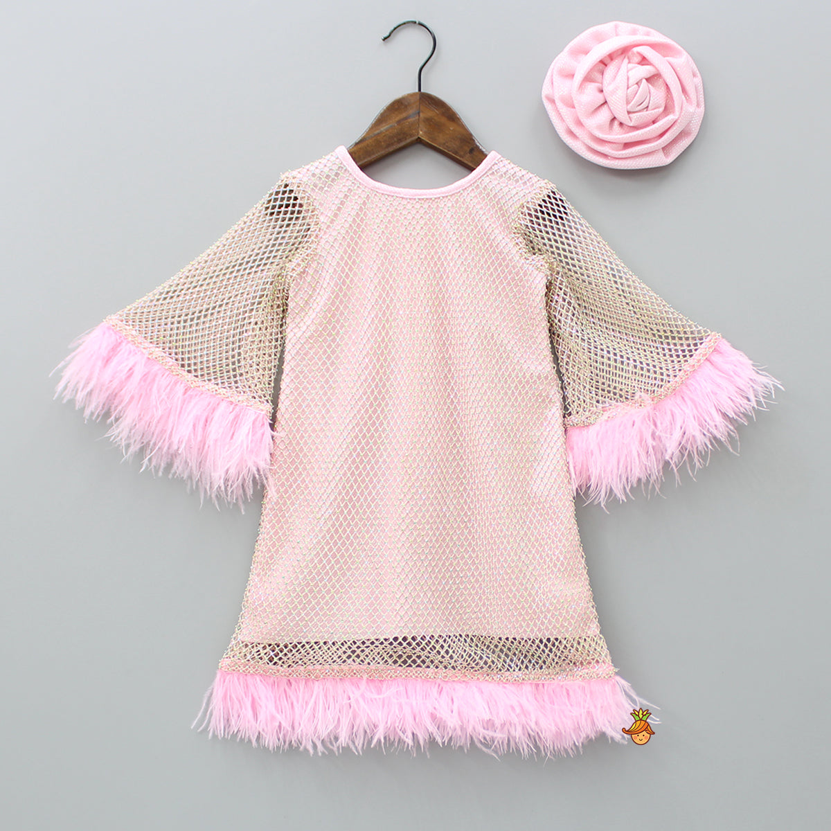 Pre Order: Shimmer Lycra Pink Dress With Floral Hair Clip