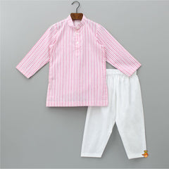 Pre Order: Vertical Striped Kurta With Waistcoat Style Floral Pink Jacket And Pyjama