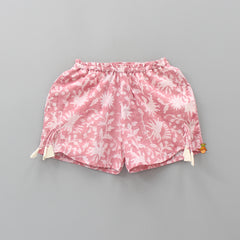 Hand Block Printed Pink Tie Up Back Top And Side Pockets Detail Shorts
