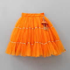 Pre Order: Front Open Embroidered Orange Top And Tiered Net Lehenga With Fringes Dupatta