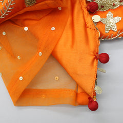 Pre Order: Front Open Embroidered Orange Top And Tiered Net Lehenga With Fringes Dupatta