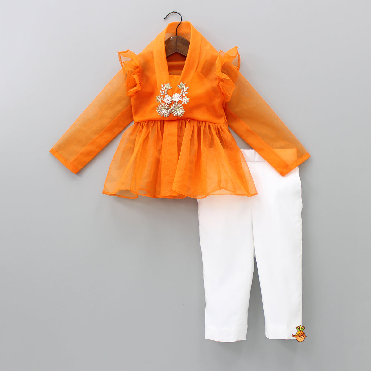 Pre Order: Embroidered Yoke Orange Organza Top With Pockets Detail White Pant
