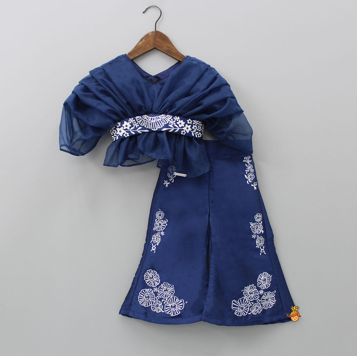 Pre Order: Stylish Pleated Blue Top And Embroidered Palazzo With Detachable Belt