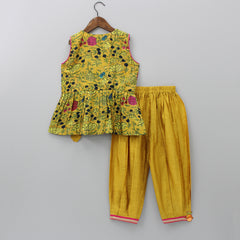 Pre Order: Sleeveless Mustard Printed Top And Pleated Pant With Green Dupatta