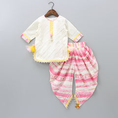 Pre Order: Diagonal Gota Lace Work Off White Kurti And Printed Pink Dhoti With Yellow Net Dupatta
