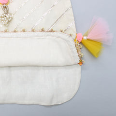 Pre Order: Diagonal Gota Lace Work Off White Kurti And Printed Pink Dhoti With Yellow Net Dupatta
